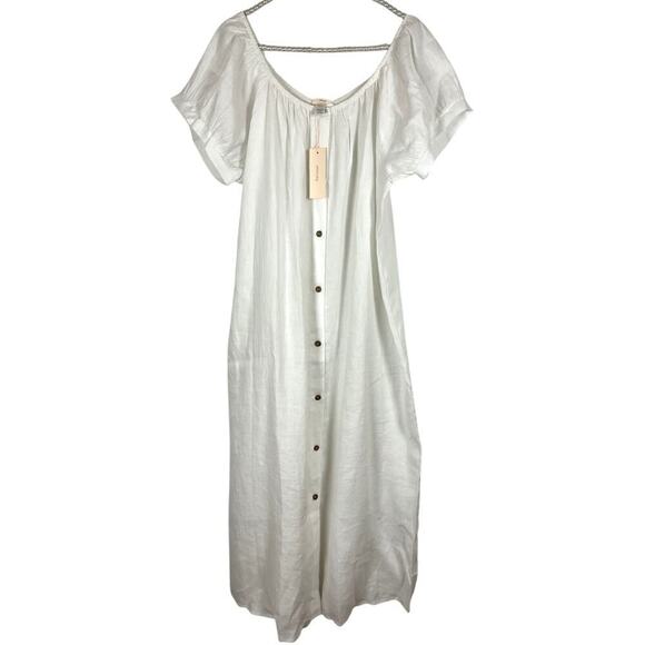 Eberjey The Harper White Linen Short PUff Sleeve Button Down Midi Dress Size XL - Picture 2 of 11